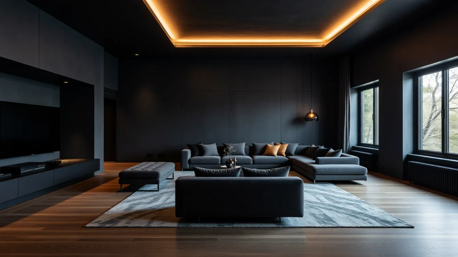 Photorealistic dark minimalist living room with warm cove lighting and oak floor