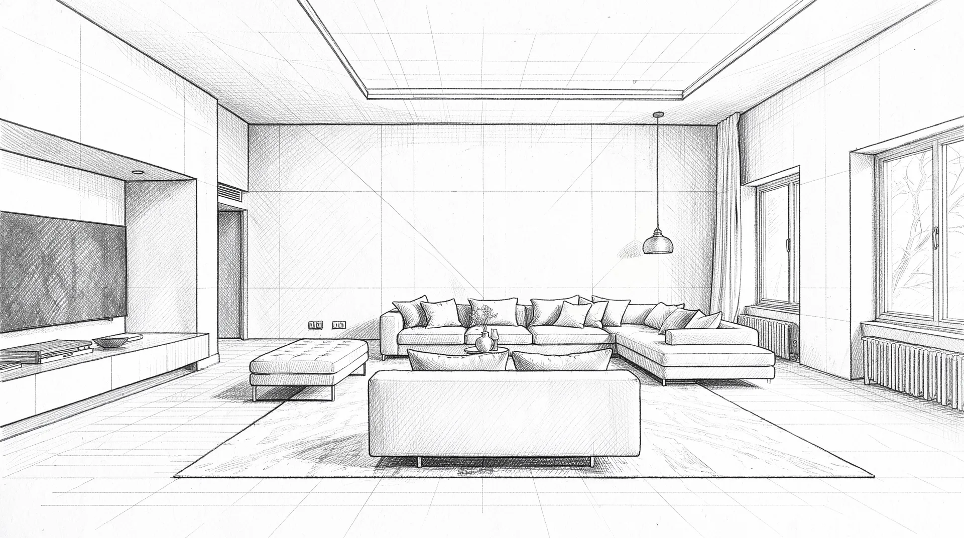 Architectural pencil sketch of the same living room layout