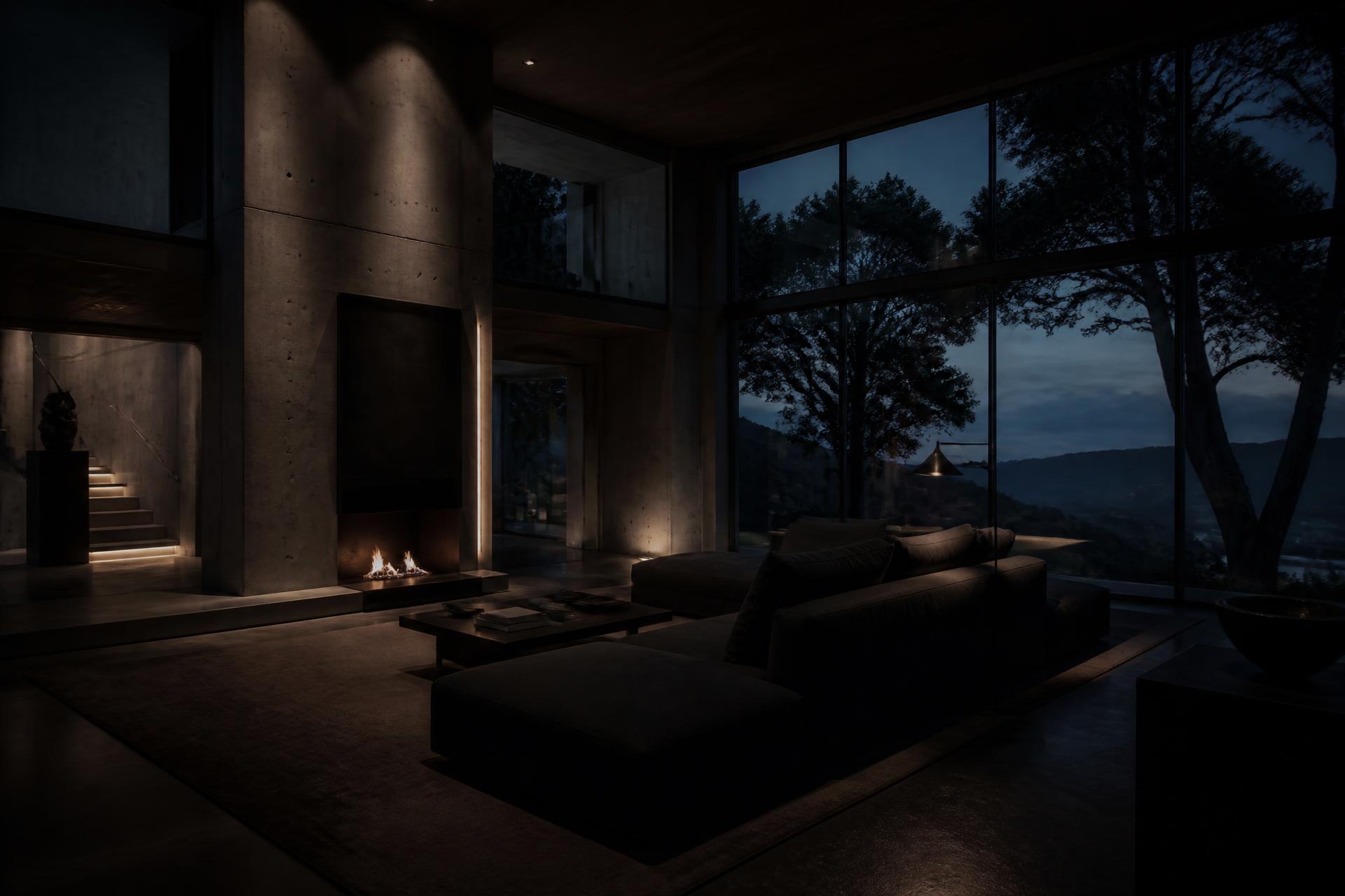 Moody modern living room with concrete walls and floor-to-ceiling windows at dusk